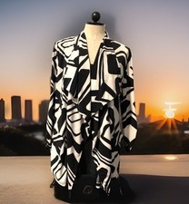 Chico  s Jacket  Slinky Knit Open Front Roll Tab Sleeve Black White Sz 1 M/L