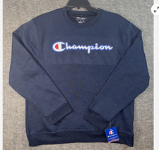 Champion Mens Fleece Sweatshirt Long Sleeve Crew Neck Script Logo Navy XL NWOT