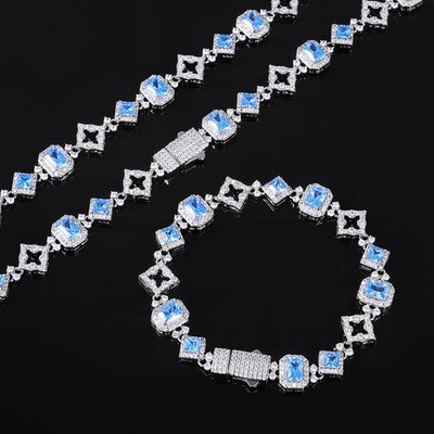 Hip Hop Mens Women Geometric Sapphire Necklace Colorful CZ Chain Bracelet Gift