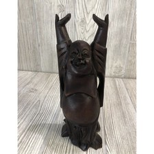 Vintage Hand Carved Wooden Buddha Figurine 8" Happy Smiling Raised Hands