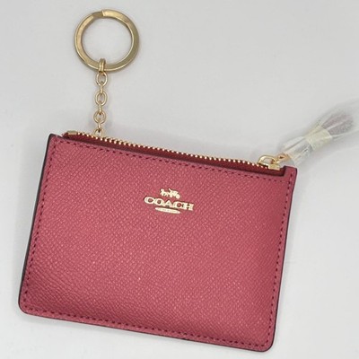 Coach Mini Skinny ID Case Crossgrain Leather Dark Pink Wallet Key Ring