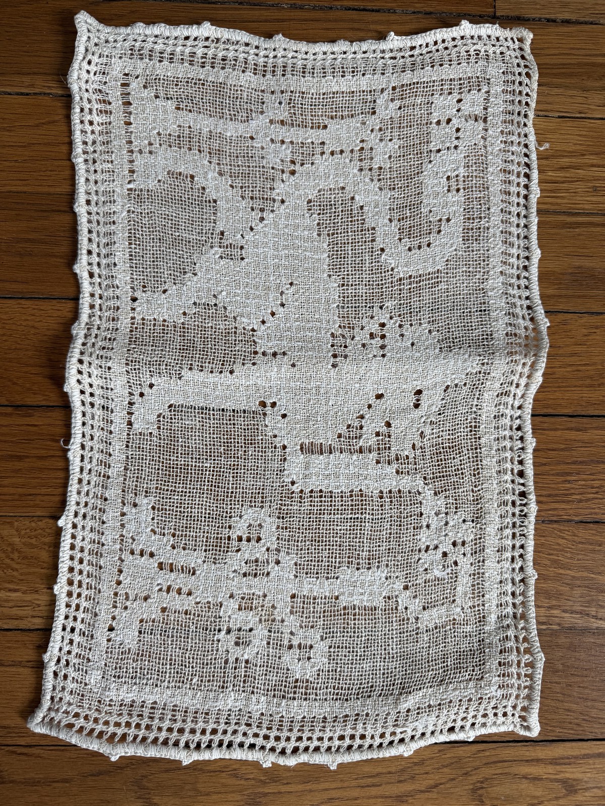 Vintage Handmade Lace Filet Crochet Doily Runner Folk Art Griffin Decor 16x10 In