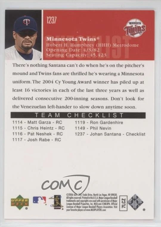 2006 Upper Deck Checklist Johan Santana #1237 - Image 2 of 2