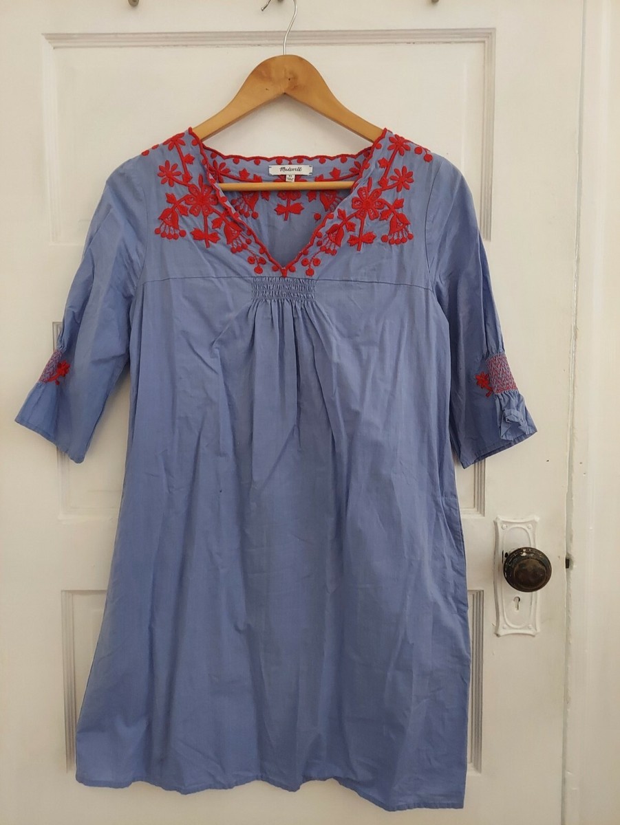 Madewell Breeze Shift Dress Blue Red Embroidery XS | eBay