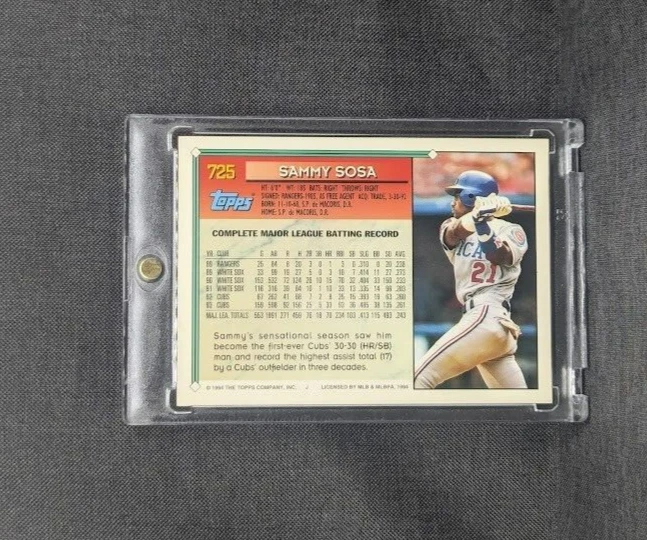 ERROR WRONG DATE OF BIRTH DOB 1994 Topps Gold Sammy Sosa Chicago Cubs #725 - Image 3 of 3