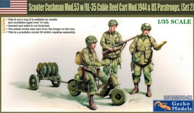 Gecko Models 0042 - Scooter Cushman & Cable Reel Cart & US Paratroops - 1:35