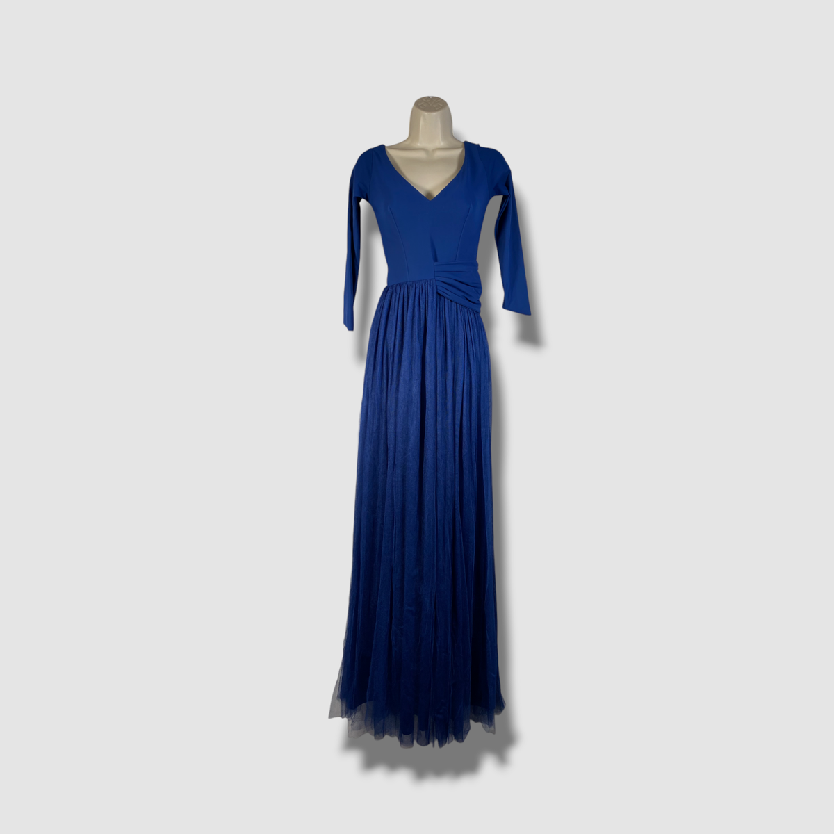 Chiara Boni La Petite Robe V-Neck 3/4-Sleeve A-Line Gown With Sheer Skirt Overlay, Blue, Women's, 4, 3/4 & Elbow-Sleeve Gowns