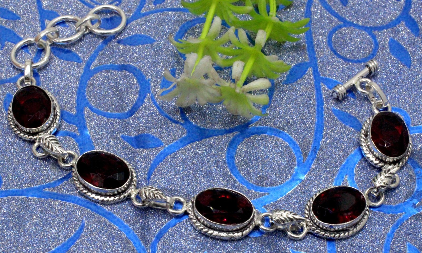 VALENTINO "Bracciale Gioielli Argento Sterling 925 Granato Mozambico Fatto a Mano S 7 8"