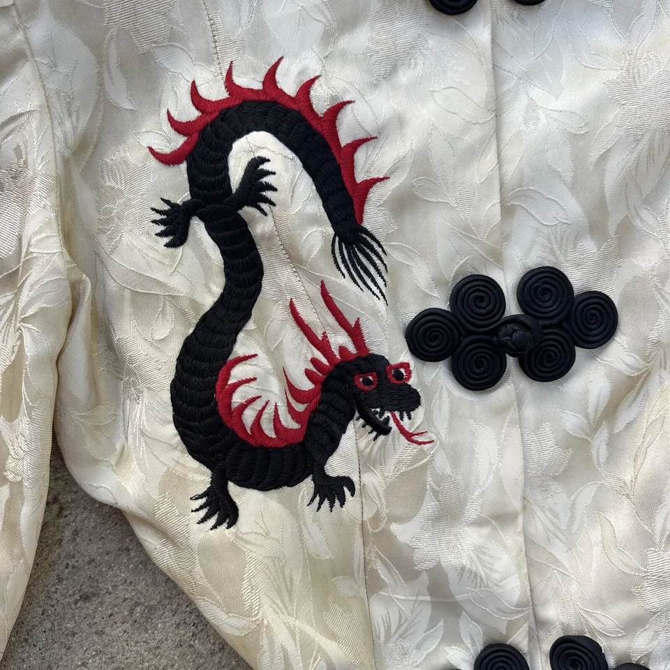 复古 20 世纪 30 年代 40 年代白色提花缎面睡衣龙休闲套装连身裤 2 件 — 第 4/4 张图片