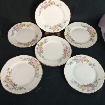 Bread Plates 6 1/4  Homer Laughlin Pink White Roses Gold Trim Scalloped Edge 6pc