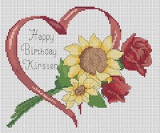 Happy Birthday Heart with Roses & Sunflowers Counted Cross Stitch CHART No.6-25