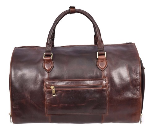 Genuine Leather 2-in-1 Holdall Suit Carrier Travel Duffle Bag AL49 Brown - Picture 5 of 8