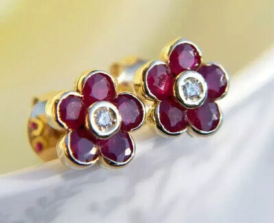 2Ct Created Red Ruby Flower Stud Women Engagement Earrings 14K Rose Gold Finish