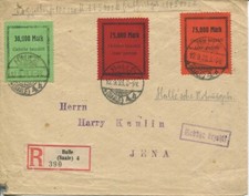 Halle 3 Geb&uuml;hrenmarken + Geb.bez.-Stempel auf R-Brief nach Jena Mache! (B13762)