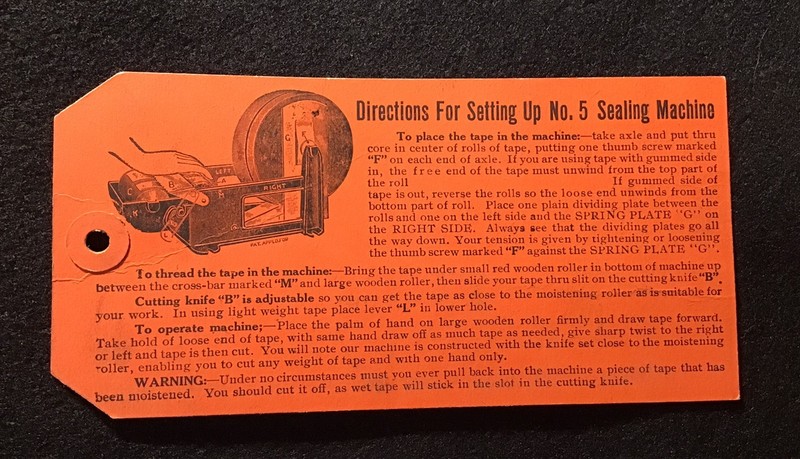 VTG DENNISON’s TAG W/ INSTRUCTIONS For Setting Up #5 SEALING MACHINE, TAPING