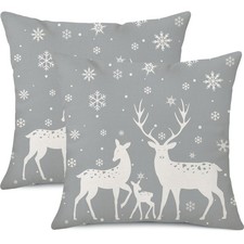 Grey Christmas Pillow Covers 18 x 18 Inch Set of 2 Deers Snowflake Winter Hol...