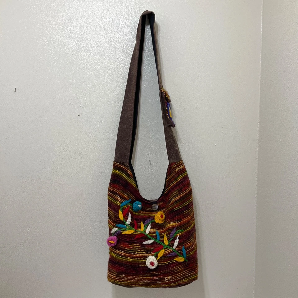 Nepal Bohemian Hobo Bag Crossbody Nepal Cotton Wool Colorful Crochet 3D Flowers - Image 2 of 4