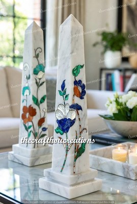 Marble Obelisk Tower with Floral Inlay   Handcrafted White Stone Home Decor