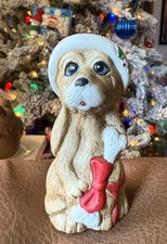 JASCO Critter Puppy Dog w/ Santa Hat & Bone BELL Vintage 1979 Christmas Bisque