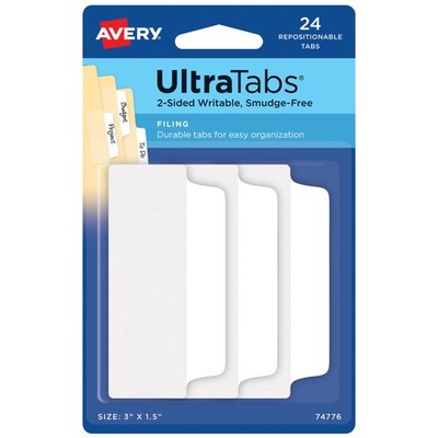 Avery Filing Ultra Tabs, 3'' x 1.5'', 2-Side Writable, White, 24 Repositionable Fi