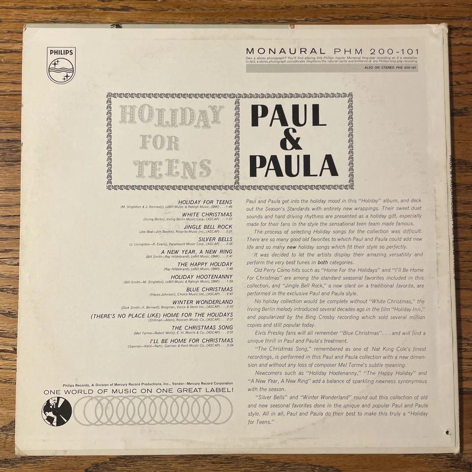 Paul & Paula Holiday For Teens LP Philips Mono Christmas 1st Press + Inner EX!!! - Image 4 of 4