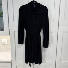 Chaos Women’s Jersey Knit Black Shirt Dress Button Front Tie Waist Sz 16