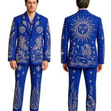 Men Bespoke 3Pc Blue Gold Thread Embroidered Flora Fauna Country Western Suit