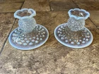 2 Vintage Fenton Glass 3" WHITE OPALESCENT HOBNAIL Candle Holders Candlesticks