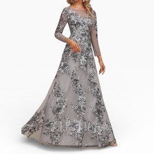 JJ's House Grey Floral Embroidered Illusion Neck Long Sleeve Gown US 4 NEW