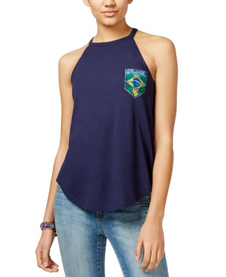 #ad Gold Crush Juniors Brazil Graphic Jewel High Neck Tank Top Navy Blue M $8.76