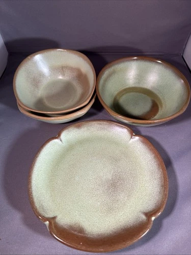 Frankoma Prairie Green Glaze Lot Of 4 PCs Vintage Pottery, Mcm Style No Chips