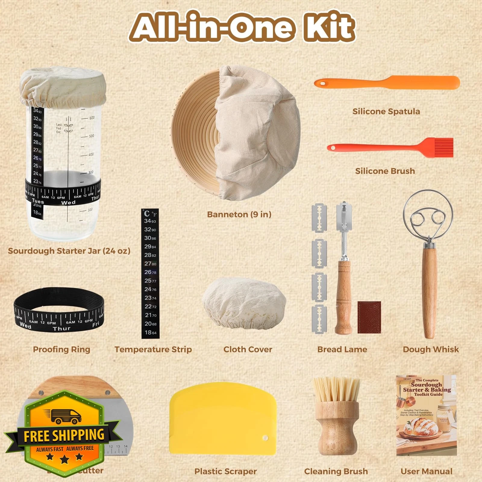 Bread Proofing Kit: Banneton 9", Sourdough Jar, Lame, Scraper, Tools