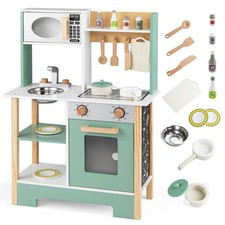 Play Kitchen w/Chalkboard Microwave Stove Dish Rack Faucet Sink Accessories