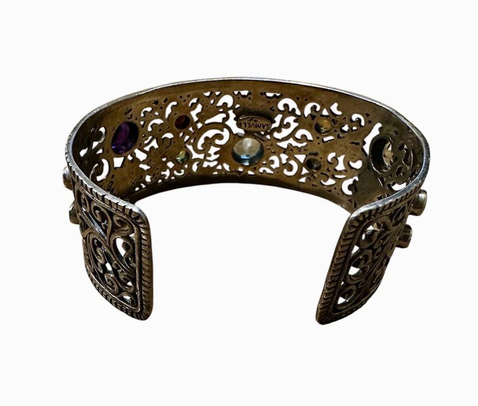 Samuel 11 Gemstone Filigree Sterling Silver Cuff Bracelet 6.5” - Image 4 of 4