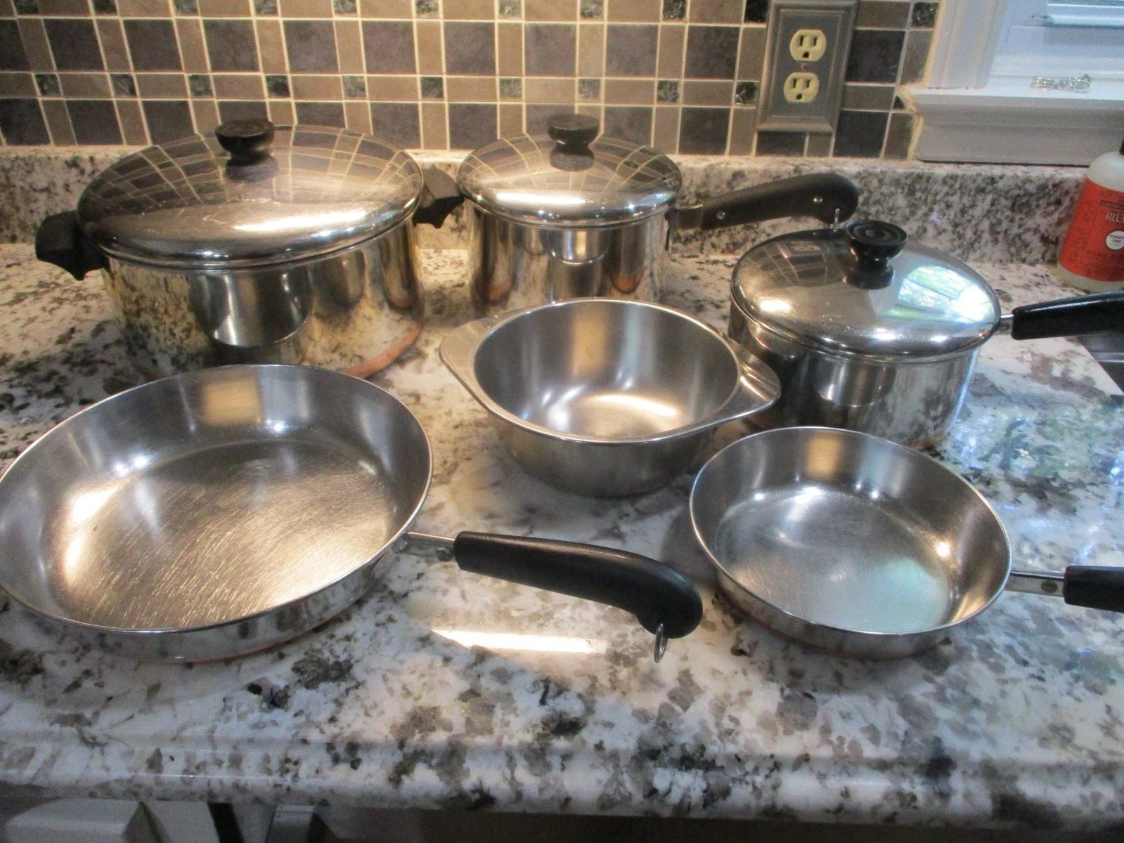 9 Pc Lot Vintage Revere Ware Copper Clad Skillet Saucepans Pots w/Lids