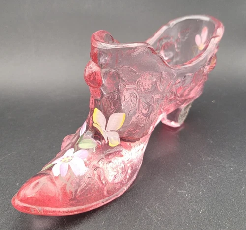 Vintage Fenton Pink Glass Daisy Button Shoe Hand Painted Signed F Groch