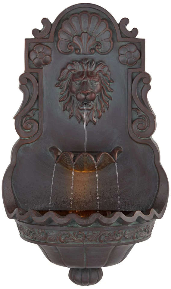 Fuente de agua de pared exterior rústica cabeza de león de 2 niveles luz LED 31 1/2" para patio Foto 2 de 4