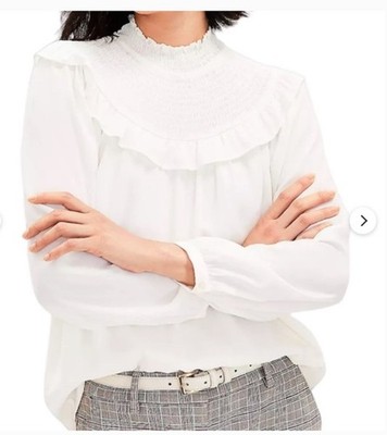 Loft White Long Sleeve Ruffle Smocked Mock Neck Button Blouse Women
