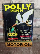 VINTAGE POLLY PENN MOTOR OIL GASOLINE PURE PENN PORCELAIN PUMP SIGN 12" X 8"