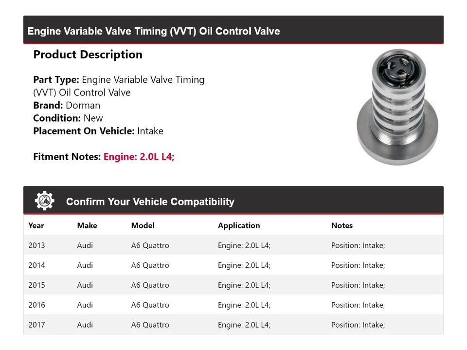Válvula de control de aceite VVT para motor Audi A6 Quattro Dorman 2013-2017 2014 2015 2016 Foto 2 de 4
