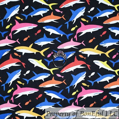 #ad #ad BonEful Fabric FQ Cotton Quilt Black Rainbow Sea World Fish Dolphin Shark Water $4.75
