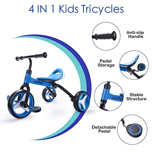  4 in 1 Tricycle for Toddlers Age 2-5, Folding Toddler Bike Kids Trike Blue