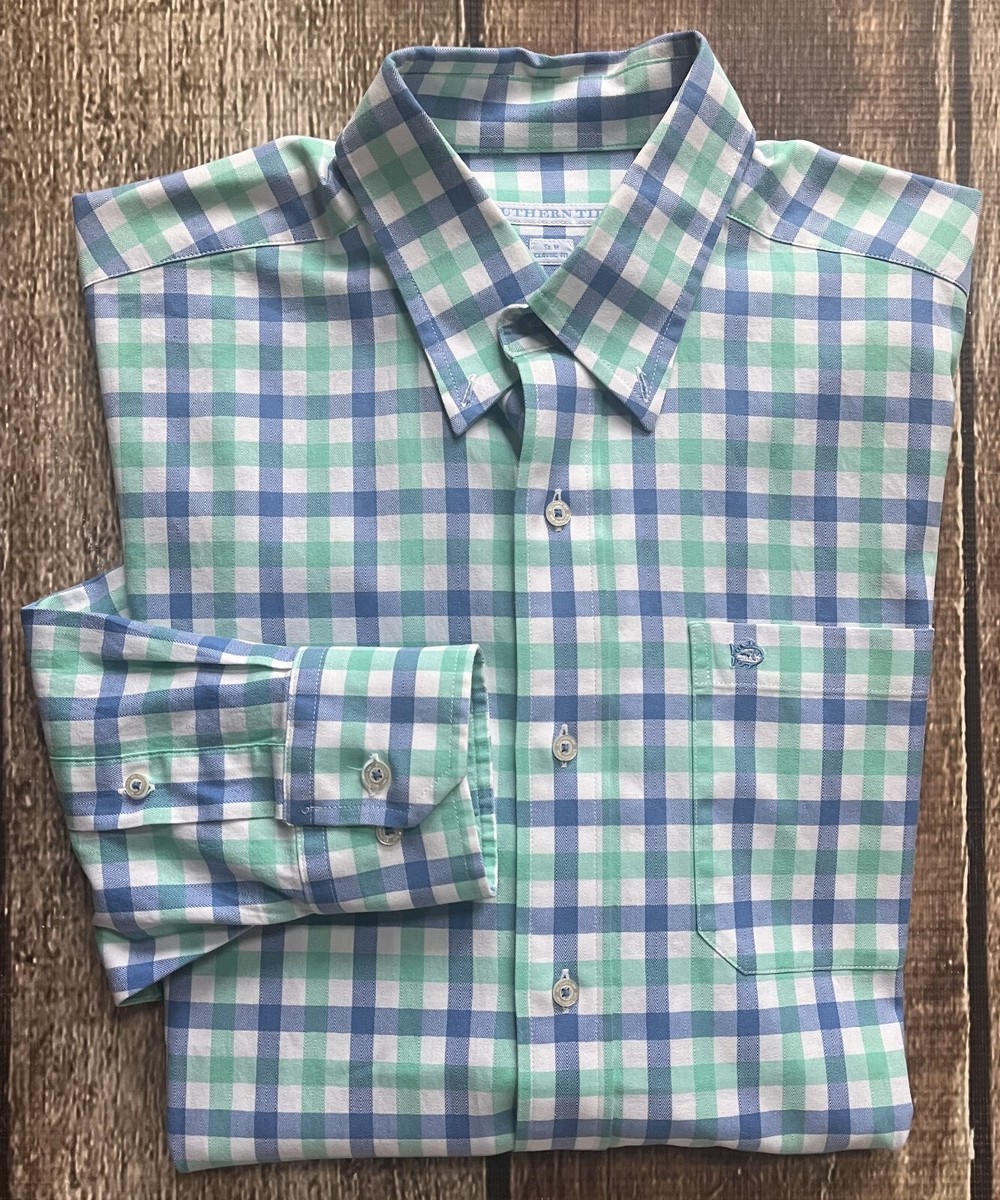 SOUTHERN TIDE CLASSIC FIT CHECKED SHIRT BLUE GREEN MENS MEDIUM