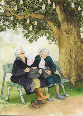 INGE LÖÖK / POSTKARTE / FRAUEN MIT ZUCKERWATTE AUF EINER BANK / POSTCARD / 01