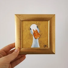 White Goose Painting Original Art Duck Small Art Miniature with Gold Leaf 4x4