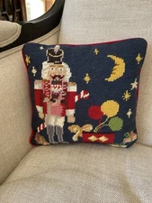 VTG Handcrafted Needlepoint Nut Cracker Soldier Gifts Christmas Accent Pillow Sq