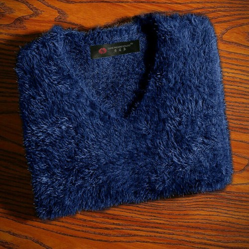 Men Faux Mohair Sweater Jumper Pullover Tops V Neck Fluffy Knitwear Winter Solid - Picture 4 of 19