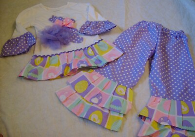 Girls Custom EASTER Bunny Set Size 2T 2 PINK Purple Bows Ruffle Sparkles NEW
