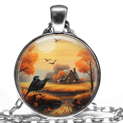 Fall Birds Country Living Pendant Necklace 24'' Autumn Seasonal Jewelry Gift