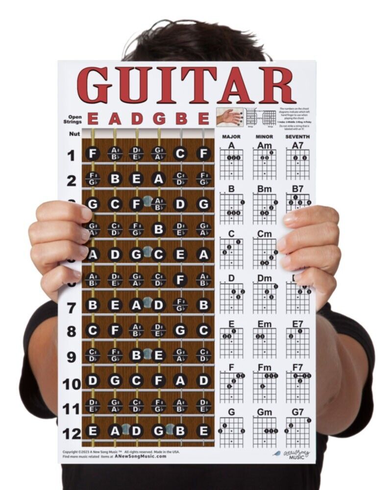 LAMINATED Guitar Fretboard Chord Chart Instructional Poster Beginner Chords 